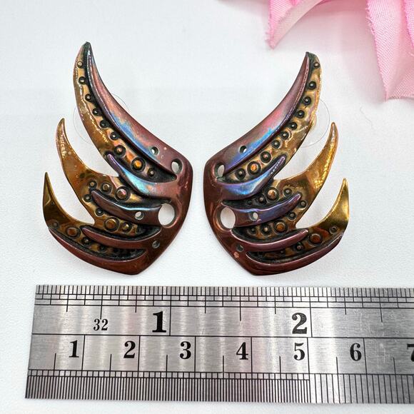Artisan Flame Wing Earrings Handmade Heat Patina Burning Man Edgy Avant Garde - Picture 11 of 13